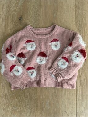Pink Santa Face Fuzzy Holiday Sweater 2T
